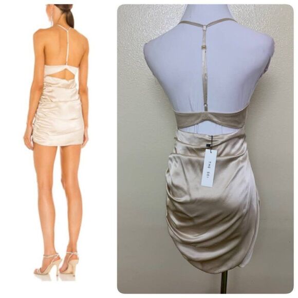 The Sei Cut Out Ruched Mini Dress Size 2 Bone Silk Satin Sheen - Picture 2 of 12